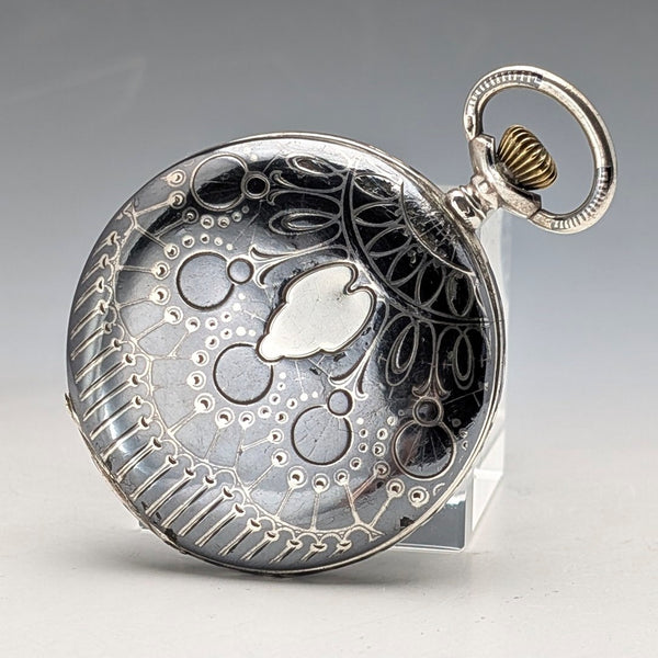 Antique Swiss made unsigned pocket watch with silver side niello decoration, slim hunter case, in good working order